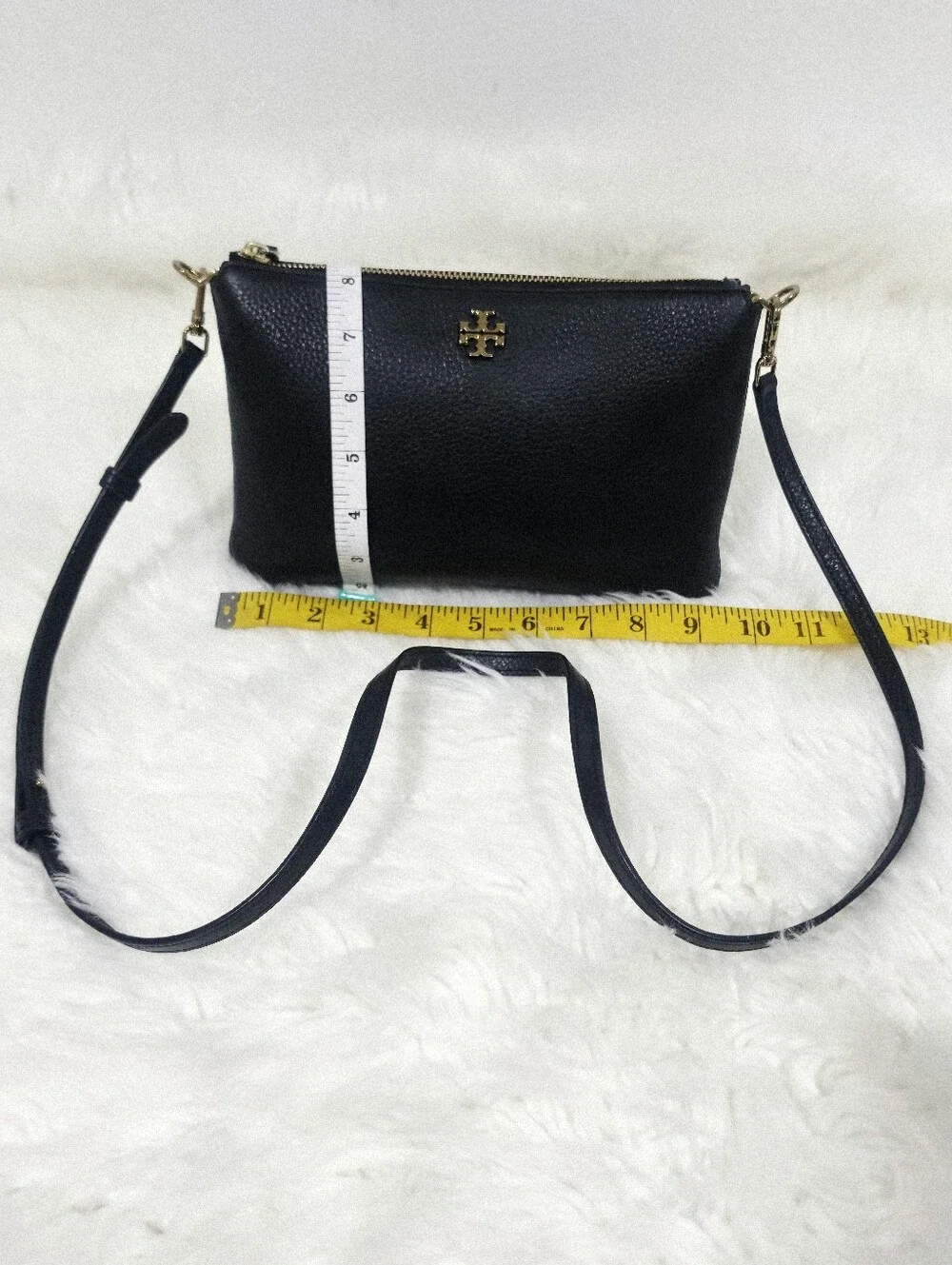 Tory Burch Black Pebbled Leather Crossbody Bag Gold Logo Adjustable Strap